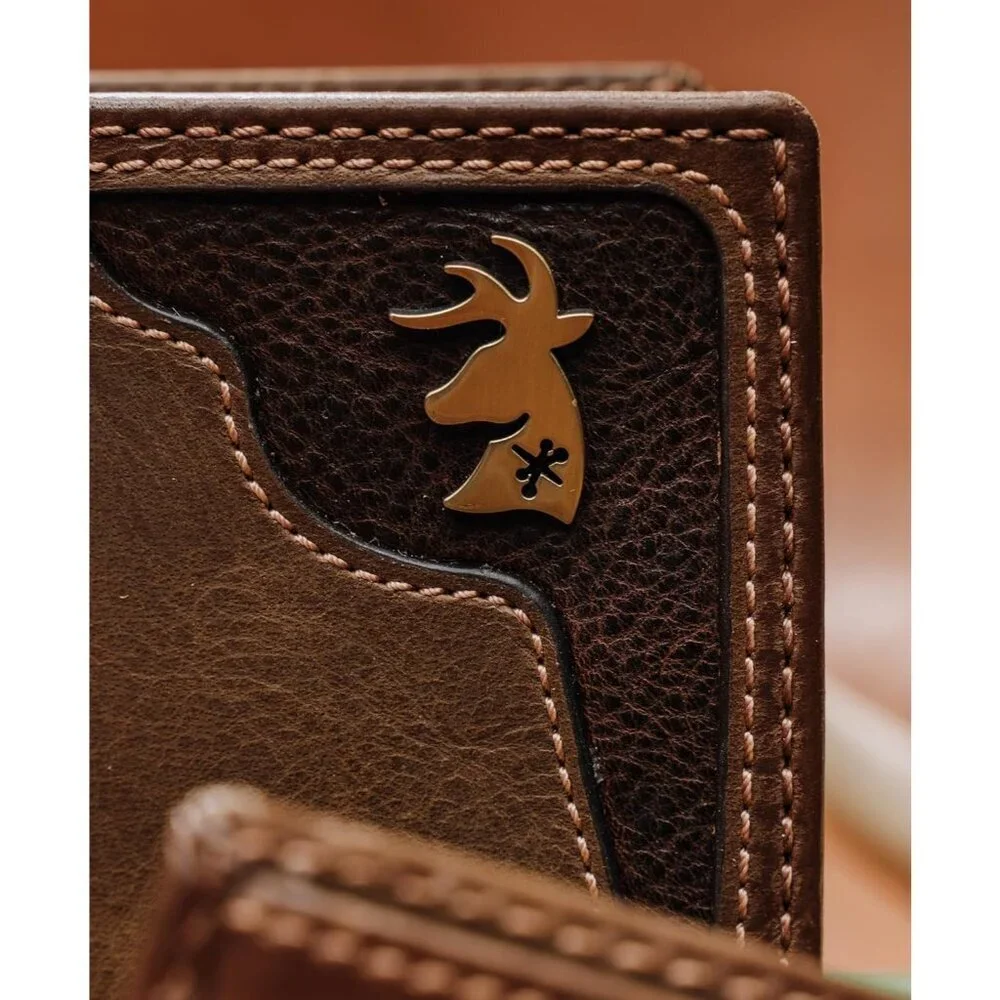 Men's Deer Ornament Long Bifold Leather Brown Wallet Purse Card Design Grain